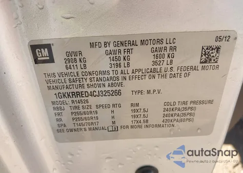 2012 GMC Acadia Slt-1 z USA, uszkodzony, nr VIN 1GKKRRED4CJ325266